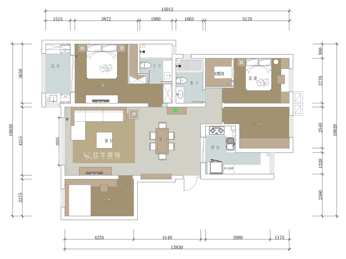 【實景案例】蔣琛｜紫金東郡2-302-135㎡-現代風格｜4室2廳2衛｜定制家￥190562｜全包23萬｜00_02平面布置圖