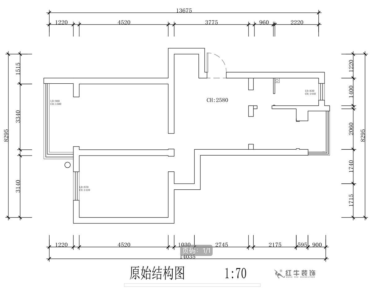 蔣琛｜安(ān)泰村21-401-80㎡-現代簡約風格｜2室1廳1衛｜舊房裝(zhuāng)修｜定制家￥126767｜全包12萬｜00_01原始結構圖