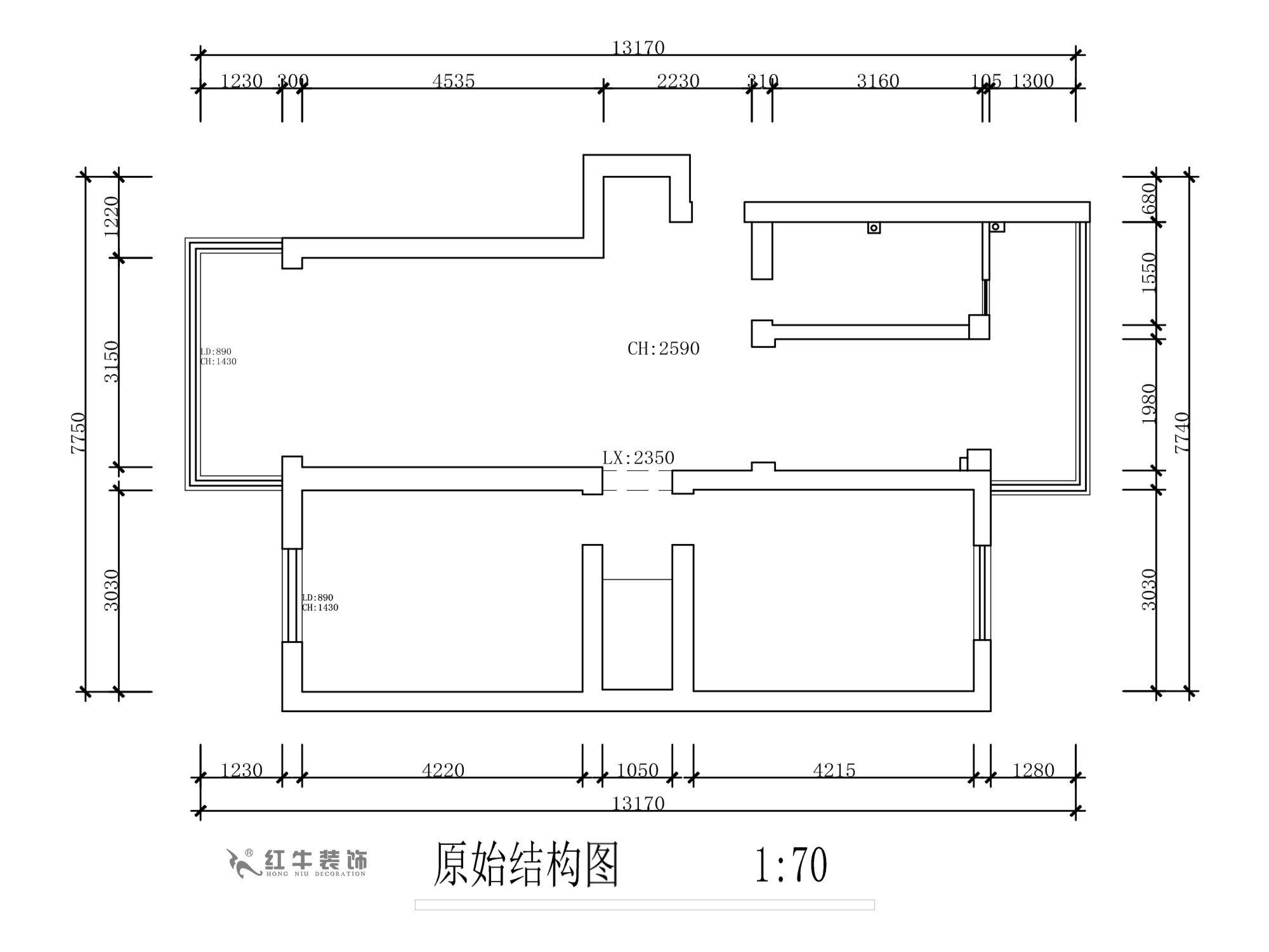 蔣琛｜天福園43-401-90㎡-現代簡約風格｜2室1廳1衛｜舊房裝(zhuāng)修｜定制家￥122757｜全包12萬｜00_01原始結構圖