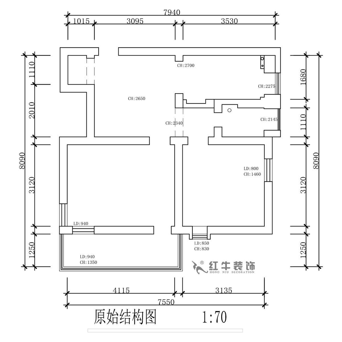 蔣琛｜公(gōng)園路44号小(xiǎo)區(qū)3-204-60㎡-現代簡約風格｜2室1廳1衛｜舊房裝(zhuāng)修｜定制家｜全包10萬｜00_01原始結構圖