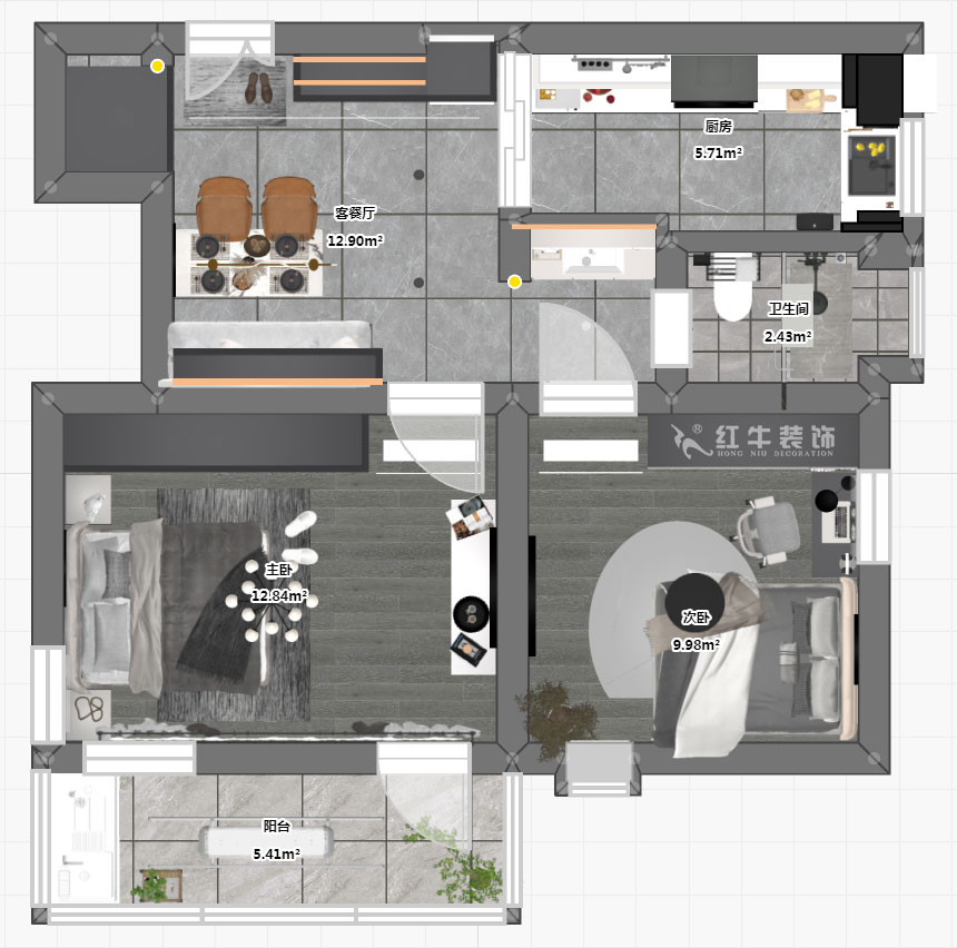 蔣琛｜公(gōng)園路44号小(xiǎo)區(qū)3-204-60㎡-現代簡約風格｜2室1廳1衛｜舊房裝(zhuāng)修｜定制家｜全包10萬｜00_03平面彩圖