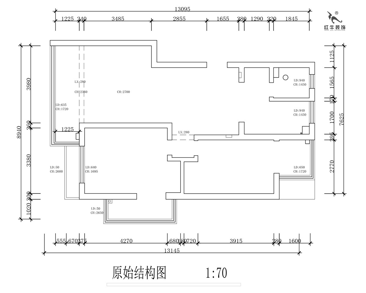 蔣琛｜紫鑫中(zhōng)華廣場11-601-110㎡-現代簡約風格｜2室2廳1衛｜舊房裝(zhuāng)修｜定制家￥140400｜全包15萬｜00_01原始結構圖