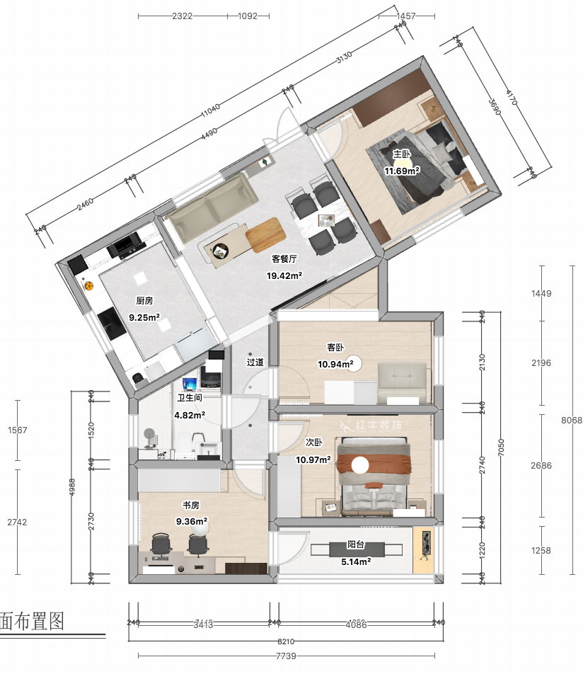 張智猿｜長(cháng)營村145号1-306-100㎡-現代簡約風格｜4室1廳1衛｜老房裝(zhuāng)修｜定制家｜全包15萬｜00_04平面彩圖