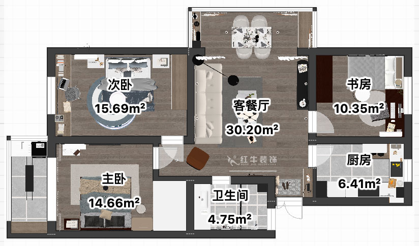 吳波｜宏鷹花(huā)園2-601-103㎡-現代簡約風格｜3室2廳1衛｜舊房裝(zhuāng)修｜定制家｜全包13萬｜00_04平面彩圖