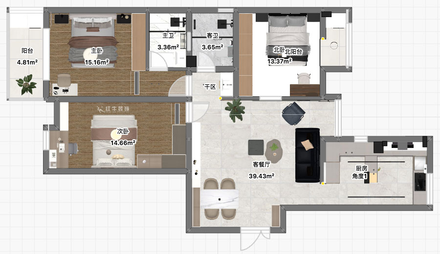 劉萍萍｜正泰大廈2-1506-120㎡-現代簡約風格｜3室2廳1衛｜老房裝(zhuāng)修｜定制家｜全包18